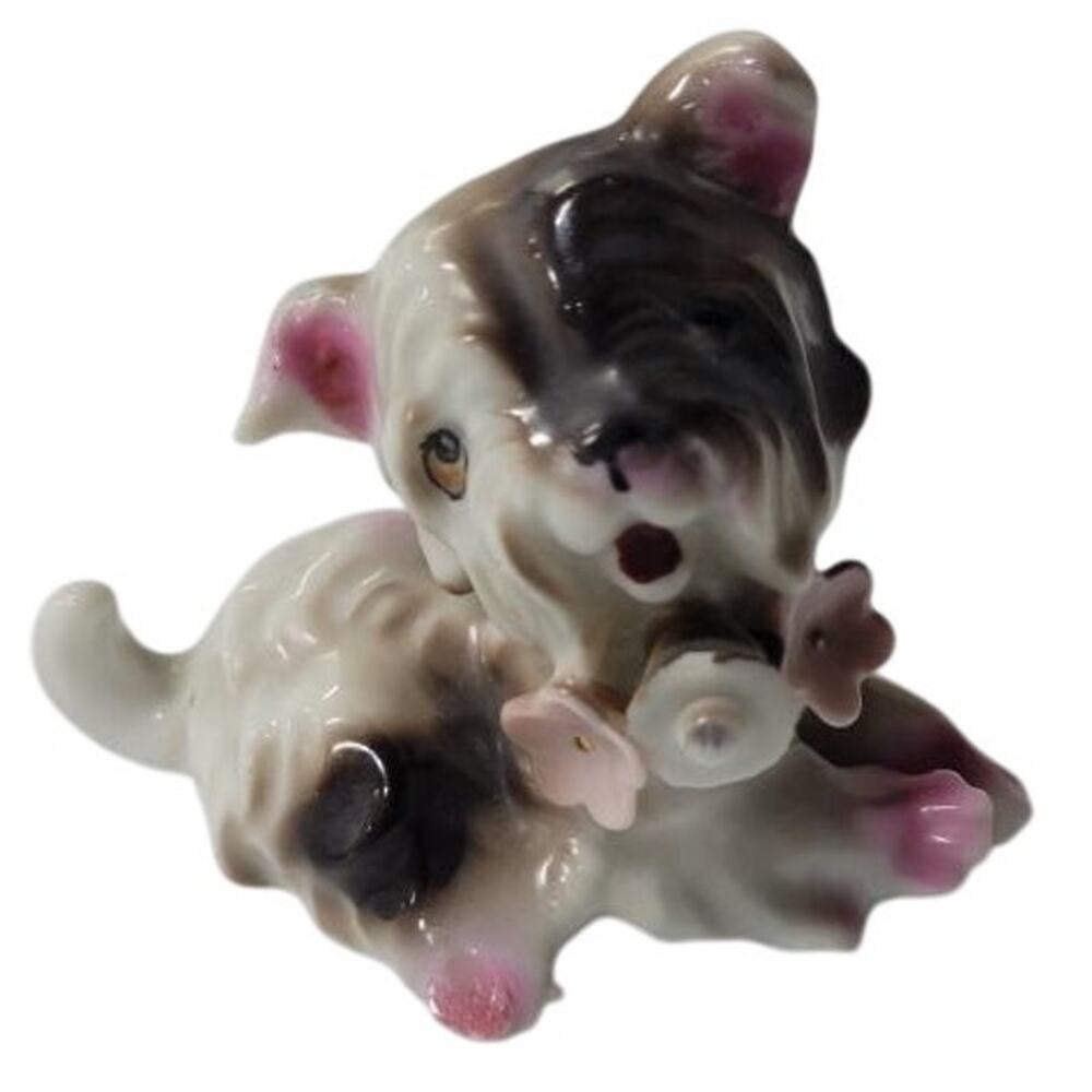 Vtg Ceramic Bulldog Puppy Dog Flower Collar Bell JAPAN Pink White Brown